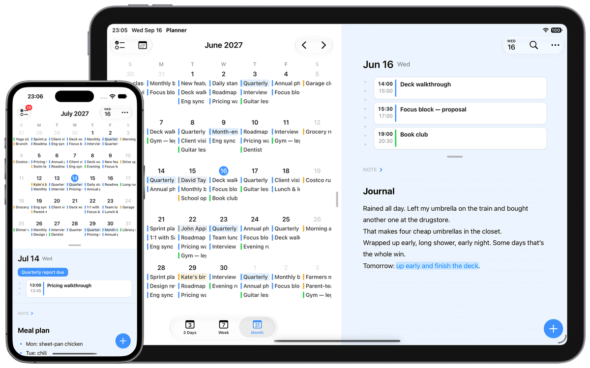 Monatskalender auf dem iPhone sowie Monatskalender und Tagesseite in zwei Spalten auf dem iPad