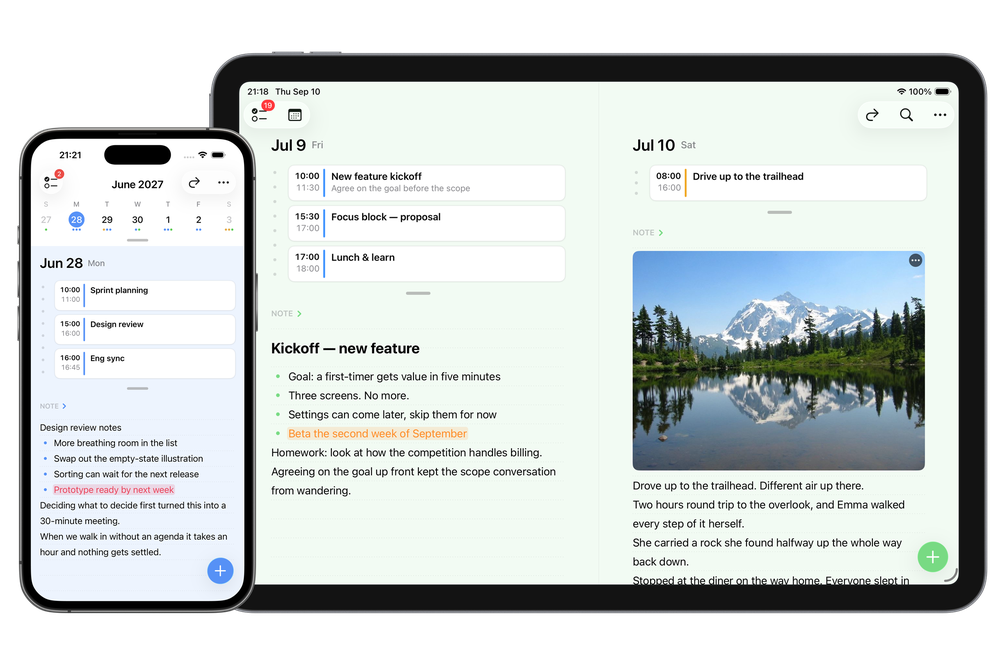 FirstSeed Planner on iPhone and iPad: the week calendar, the day's events and the day's note on a single page