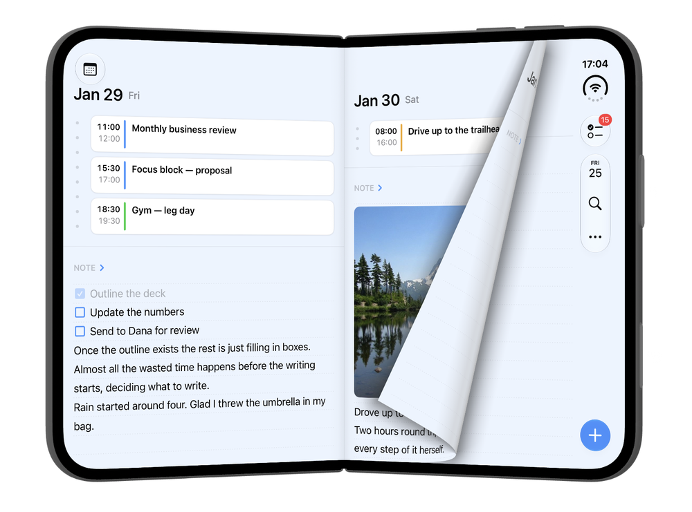 FirstSeed Planner on an open iPhone Duo: Jan 29 on the left page, Jan 30 on the right, with the right page mid-turn