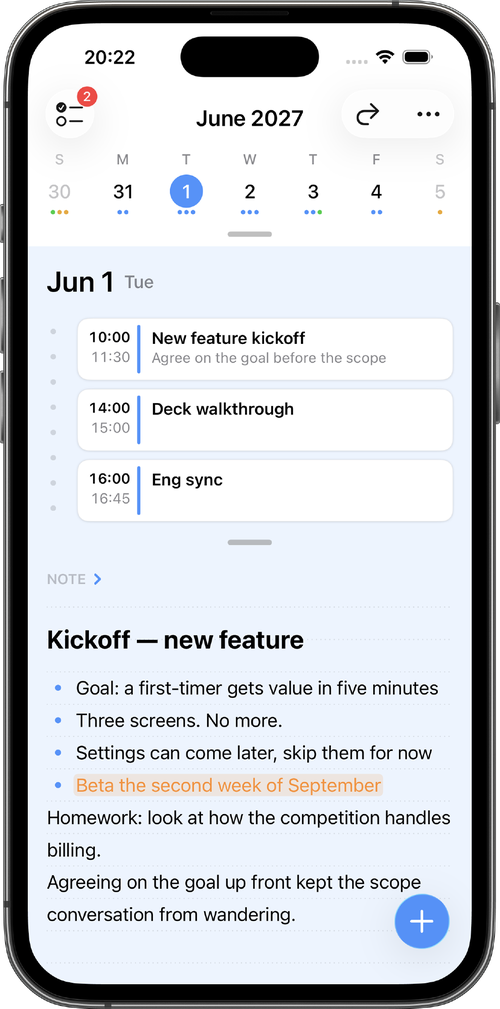 The day page on iPhone, with the week calendar, the day's events and the day's note stacked vertically