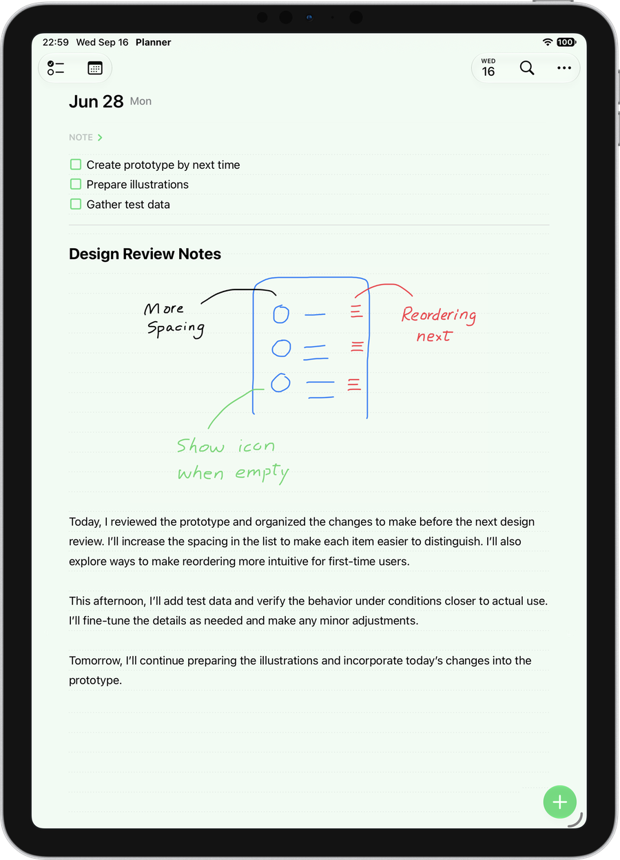 The day page on iPad, with checkboxes, Apple Pencil handwriting and text in the note