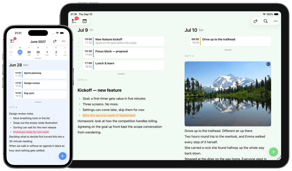 FirstSeed Planner on iPhone and iPad: the week calendar, the day's events and the day's note on one page